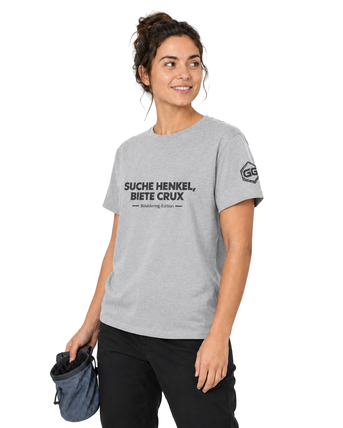 model:2:f | Looking for Jugs, Offering Crux T-Shirt — Bouldering Edition – Model photo in Sport Grey – Woman