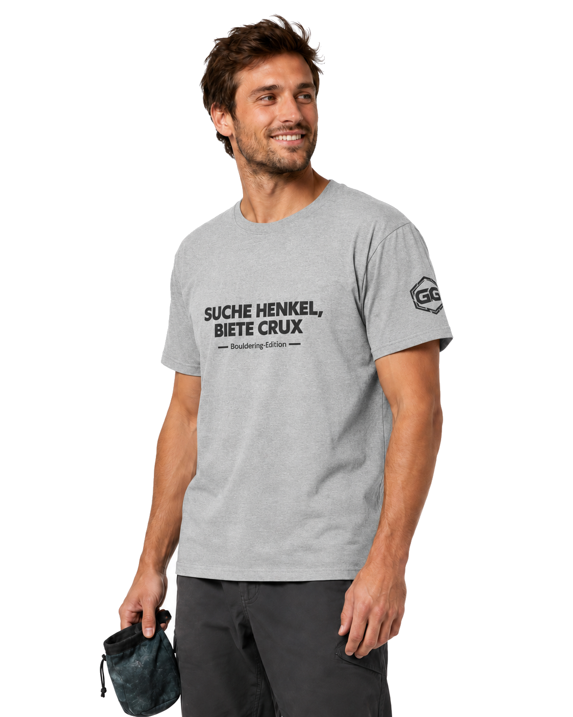 model:2:m | Looking for Jugs, Offering Crux T-Shirt — Bouldering Edition – Model photo in Sport Grey – Man