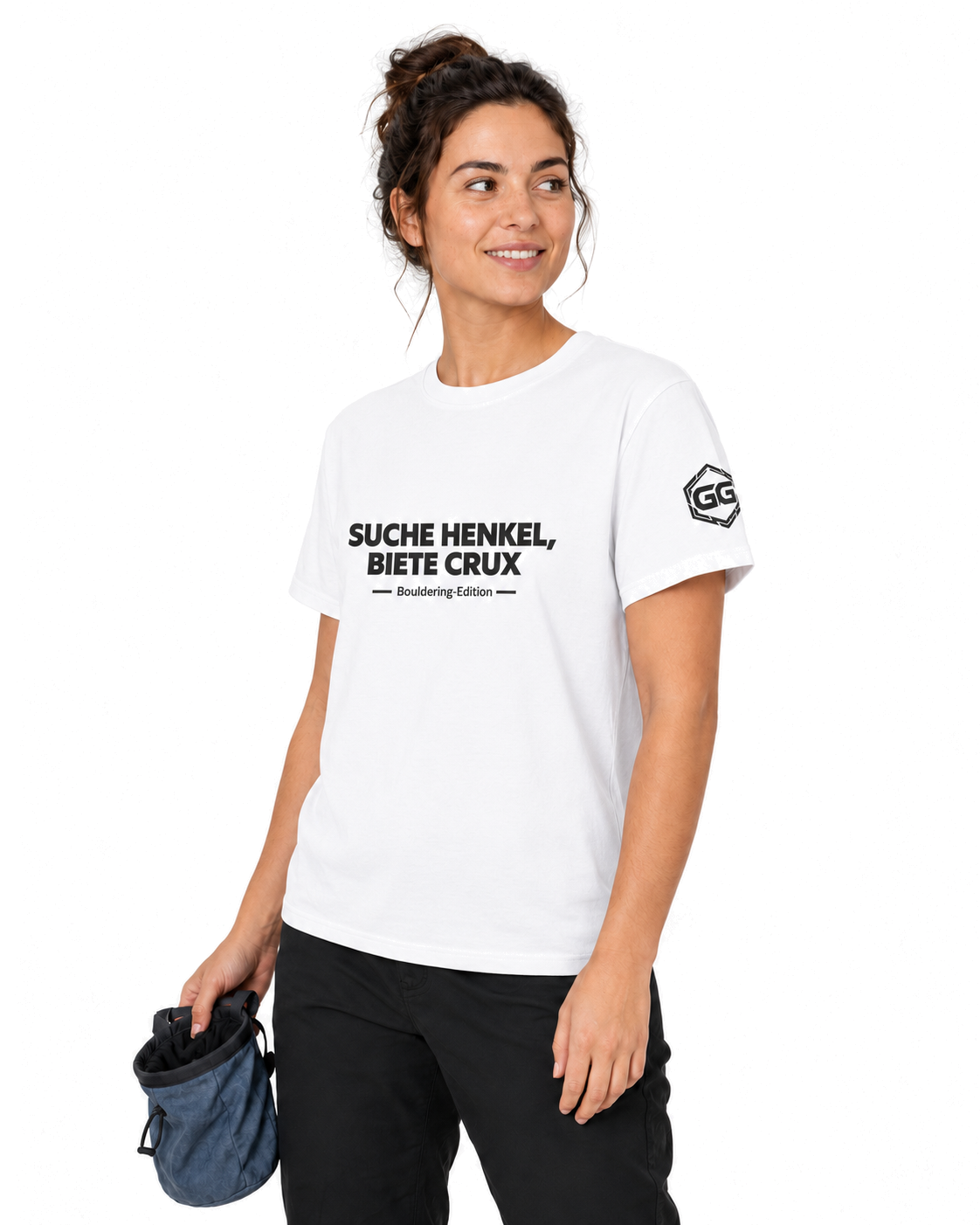 model:0:f | Looking for Jugs, Offering Crux T-Shirt — Bouldering Edition – Model photo in White – Woman