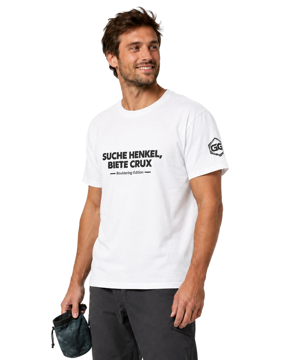model:0:m | Looking for Jugs, Offering Crux T-Shirt — Bouldering Edition – Model photo in White – Man