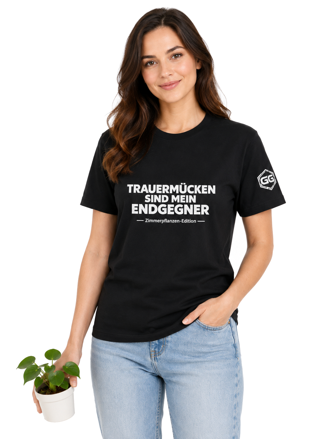 model:1:f | Fungus Gnats Are My Final Boss T-Shirt — Houseplant Edition – Model photo in Black – Woman