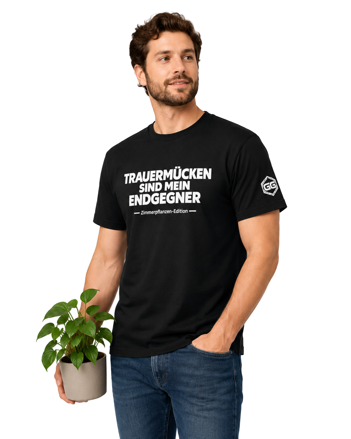 model:1:m | Fungus Gnats Are My Final Boss T-Shirt — Houseplant Edition – Model photo in Black – Man