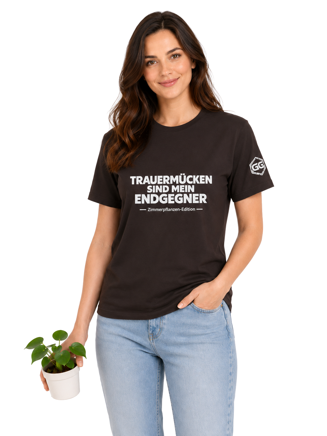 model:3:f | Fungus Gnats Are My Final Boss T-Shirt — Houseplant Edition – Model photo in Dark Chocolate – Woman