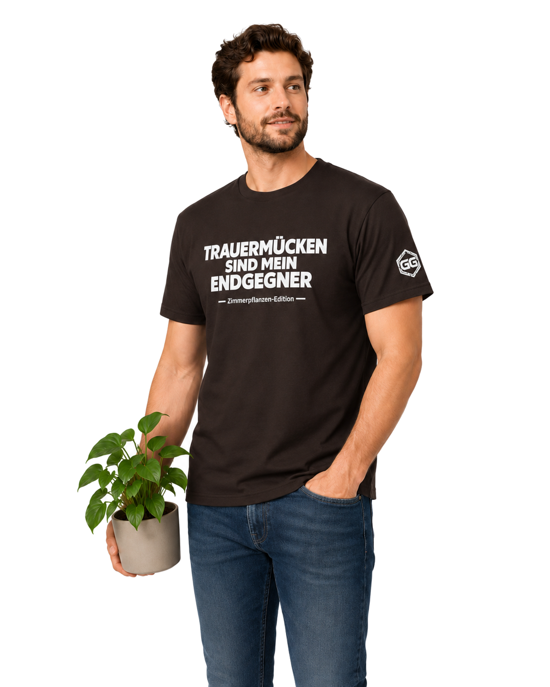 model:3:m | Fungus Gnats Are My Final Boss T-Shirt — Houseplant Edition – Model photo in Dark Chocolate – Man