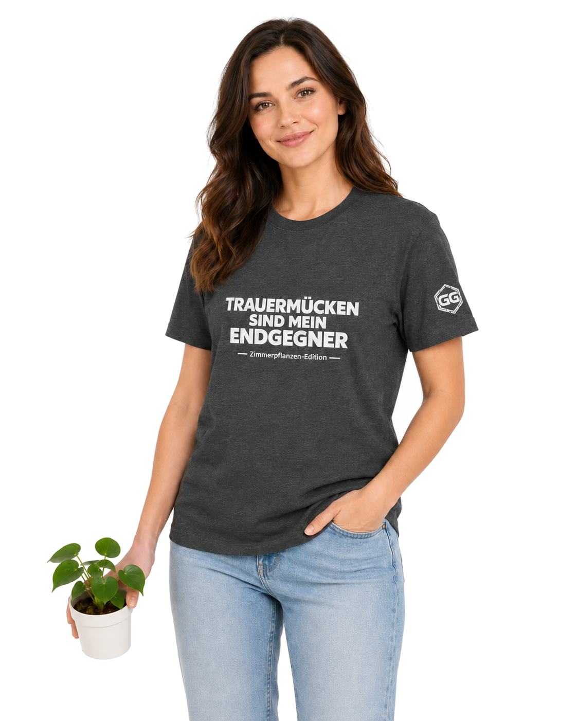 model:6:f | Fungus Gnats Are My Final Boss T-Shirt — Houseplant Edition – Model photo in Dark Heather – Woman