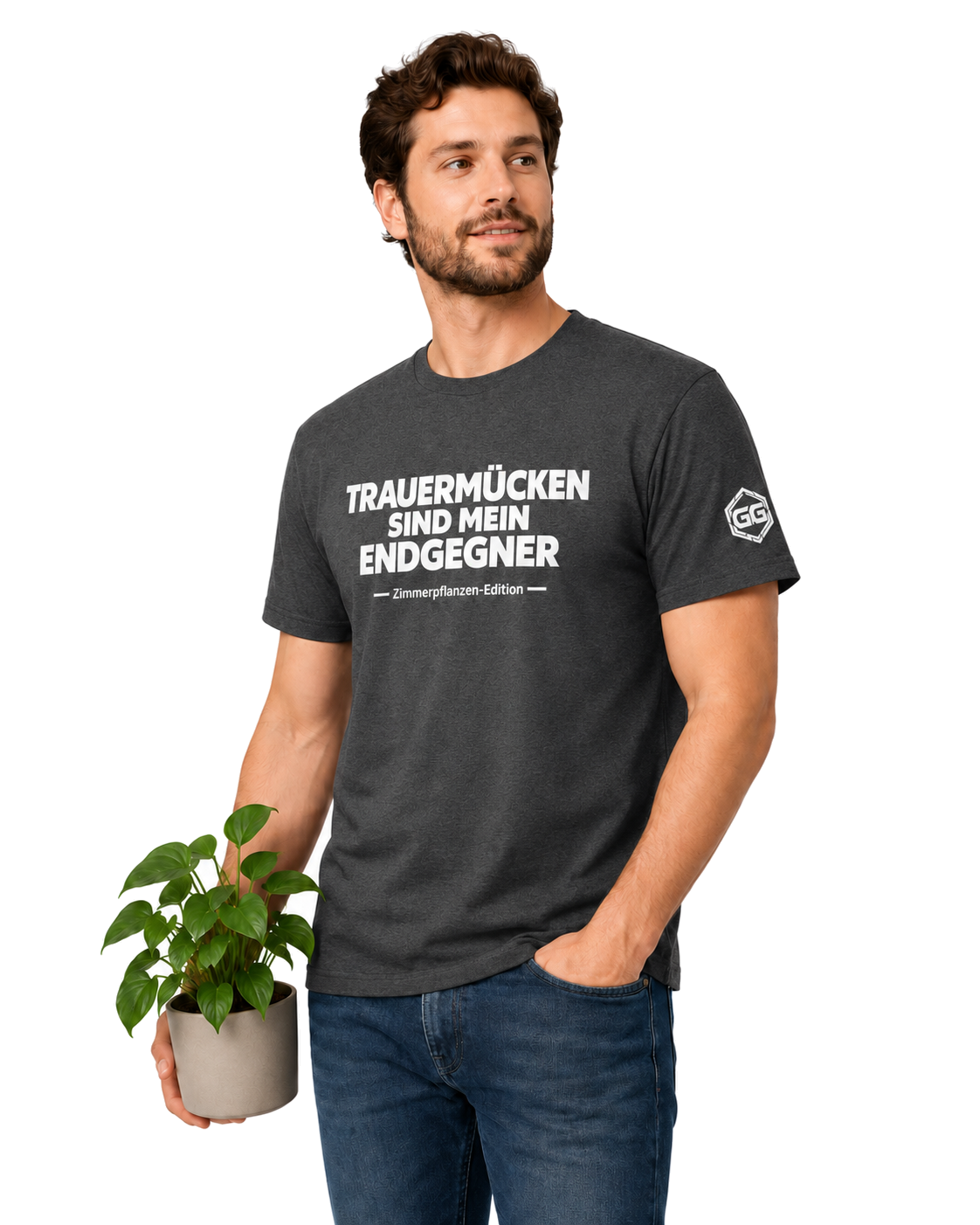 model:6:m | Fungus Gnats Are My Final Boss T-Shirt — Houseplant Edition – Model photo in Dark Heather – Man