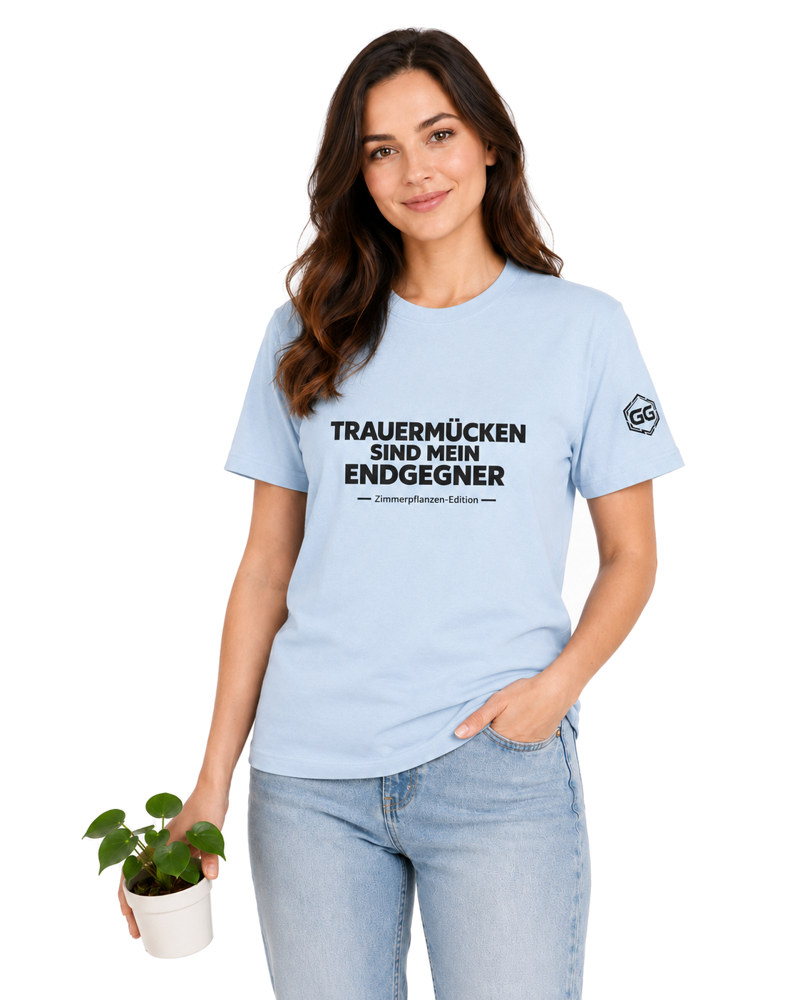 model:7:f | Fungus Gnats Are My Final Boss T-Shirt — Houseplant Edition – Model photo in Light Blue – Woman