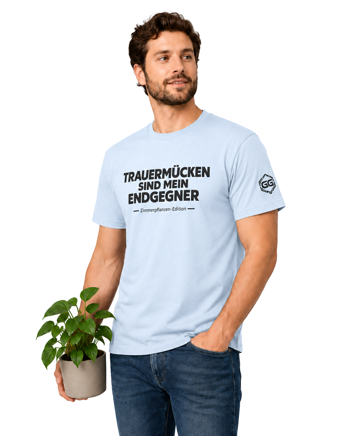 model:7:m | Fungus Gnats Are My Final Boss T-Shirt — Houseplant Edition – Model photo in Light Blue – Man