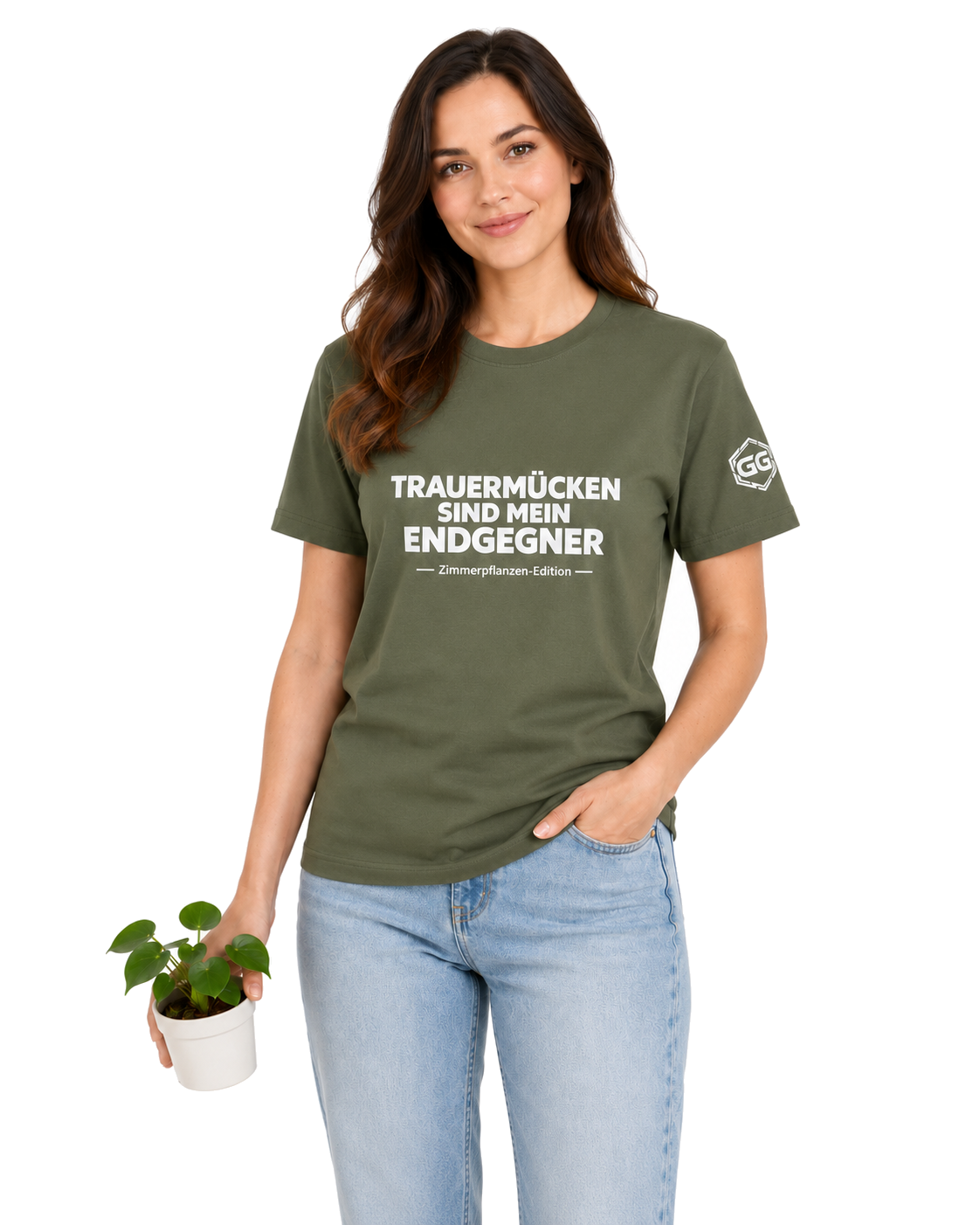 model:5:f | Fungus Gnats Are My Final Boss T-Shirt — Houseplant Edition – Model photo in Military Green – Woman