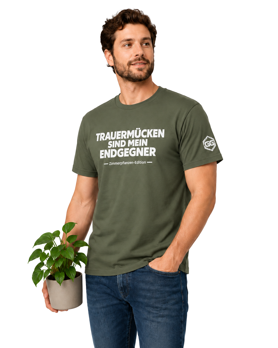 model:5:m | Fungus Gnats Are My Final Boss T-Shirt — Houseplant Edition – Model photo in Military Green – Man