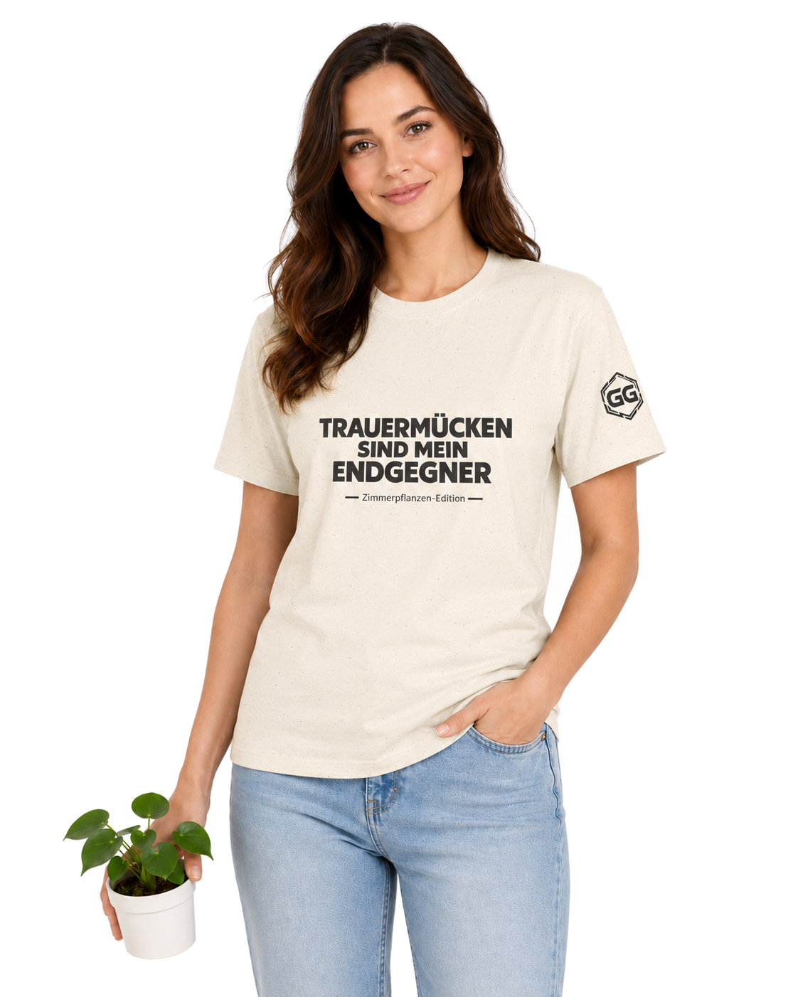 model:4:f | Fungus Gnats Are My Final Boss T-Shirt — Houseplant Edition – Model photo in Natural – Woman