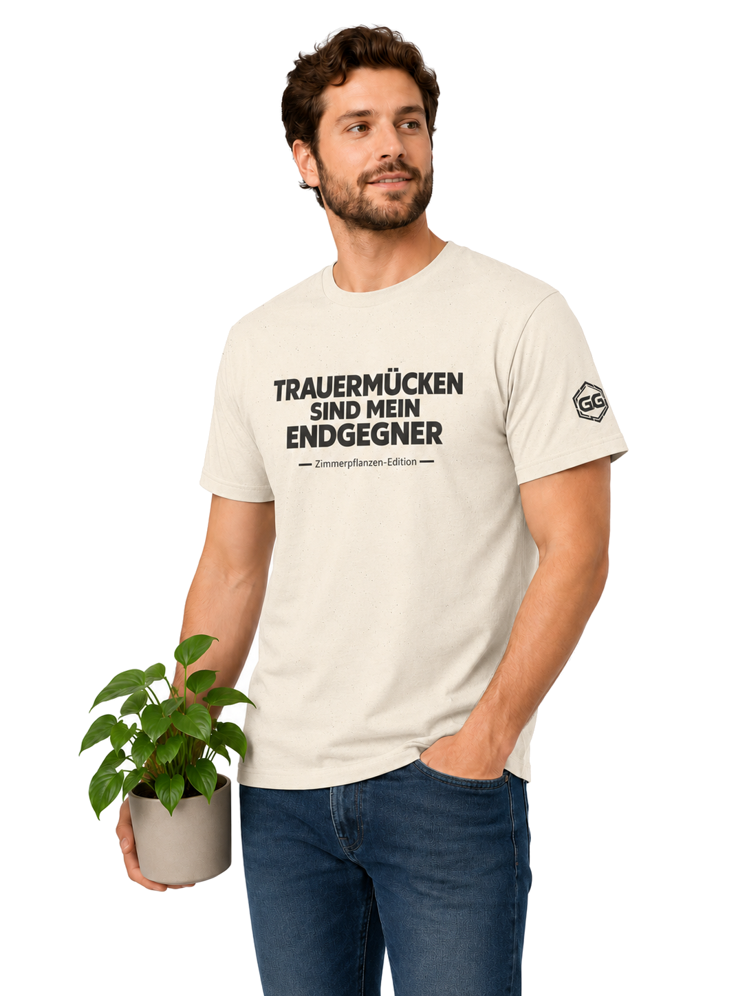 model:4:m | Fungus Gnats Are My Final Boss T-Shirt — Houseplant Edition – Model photo in Natural – Man