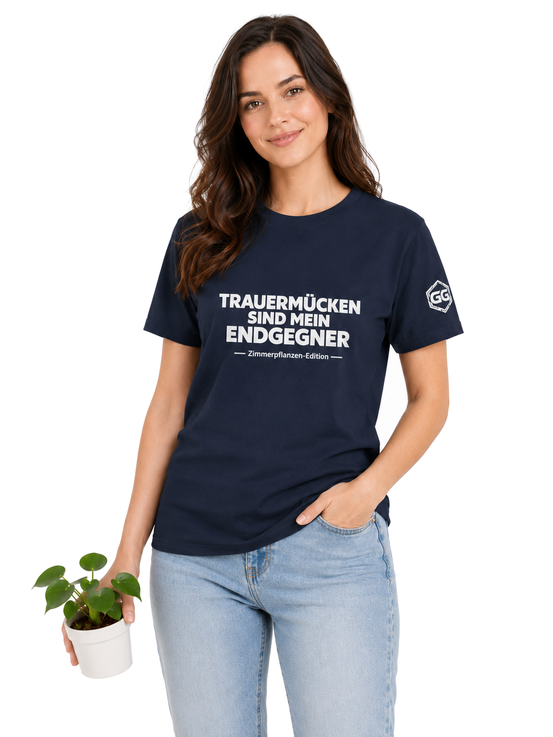 model:9:f | Fungus Gnats Are My Final Boss T-Shirt — Houseplant Edition – Model photo in Navy – Woman