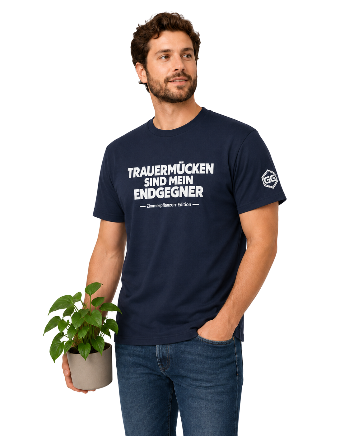 model:9:m | Fungus Gnats Are My Final Boss T-Shirt — Houseplant Edition – Model photo in Navy – Man