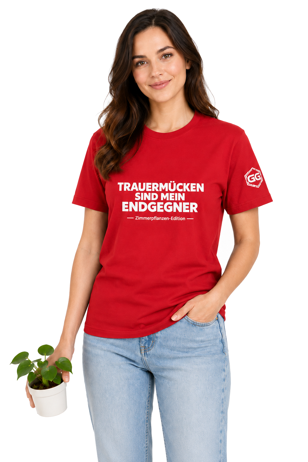 model:10:f | Fungus Gnats Are My Final Boss T-Shirt — Houseplant Edition – Model photo in Red – Woman