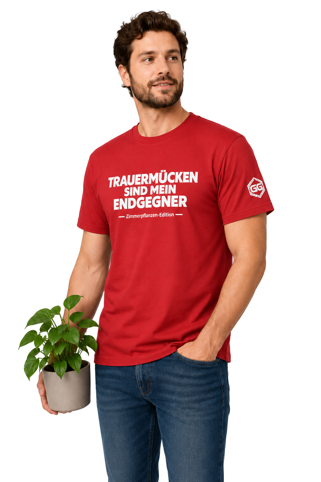 model:10:m | Fungus Gnats Are My Final Boss T-Shirt — Houseplant Edition – Model photo in Red – Man