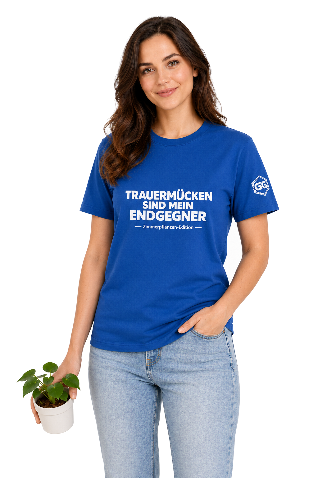 model:8:f | Fungus Gnats Are My Final Boss T-Shirt — Houseplant Edition – Model photo in Royal – Woman