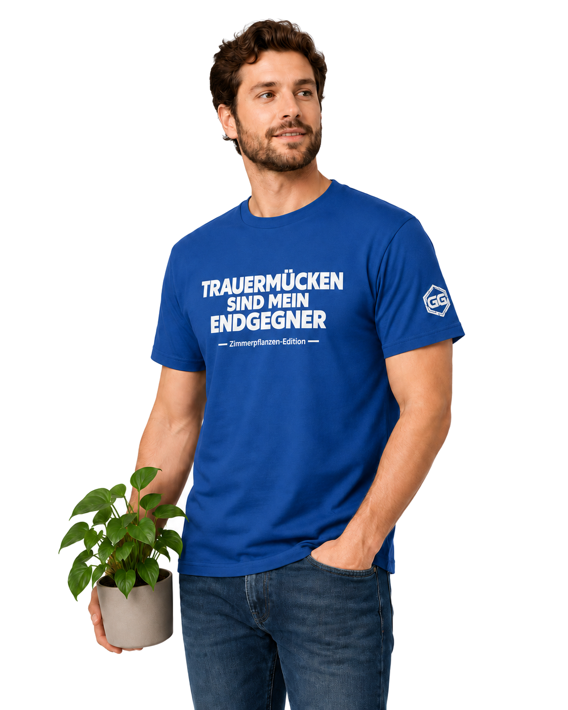model:8:m | Fungus Gnats Are My Final Boss T-Shirt — Houseplant Edition – Model photo in Royal – Man