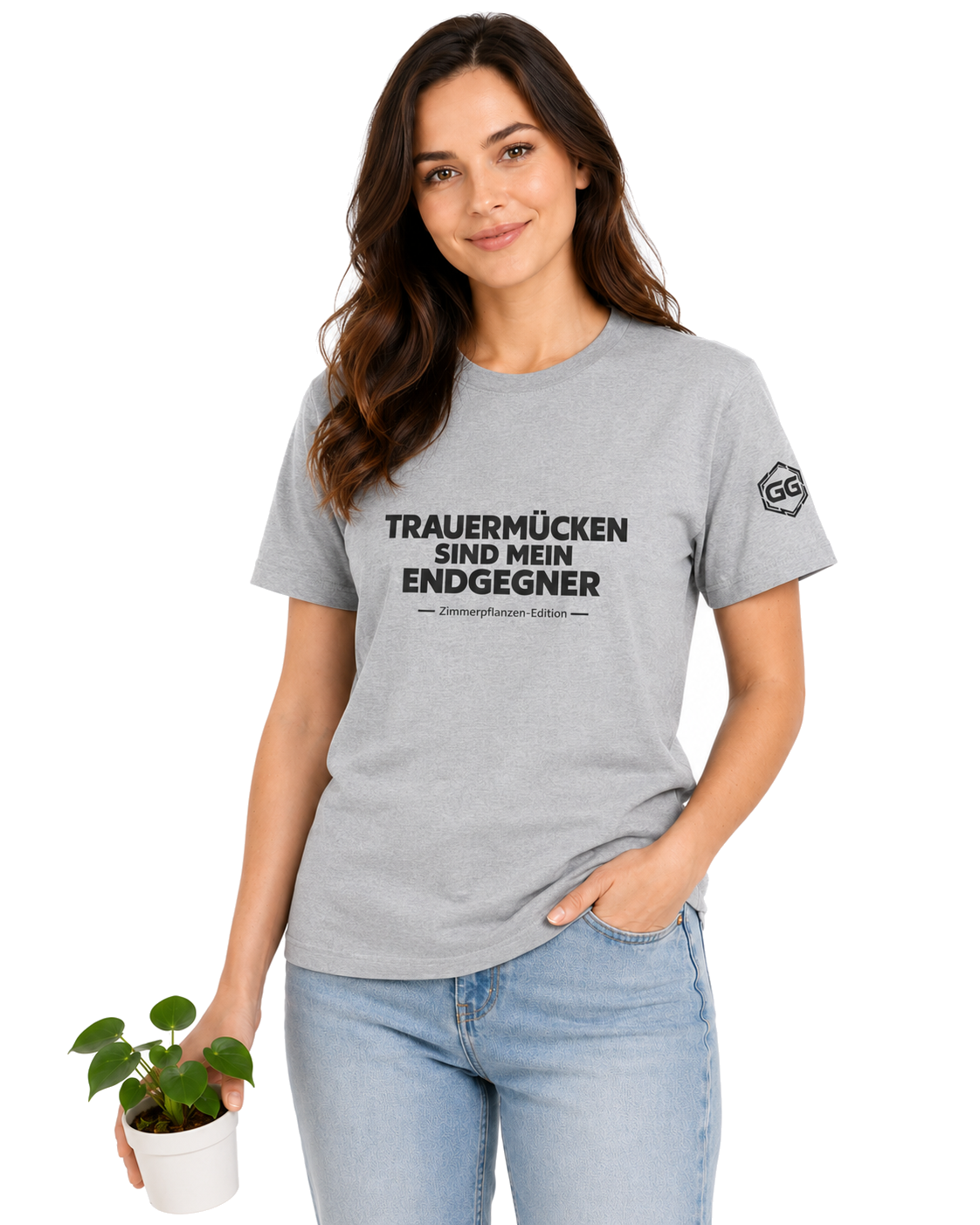 model:2:f | Fungus Gnats Are My Final Boss T-Shirt — Houseplant Edition – Model photo in Sport Grey – Woman