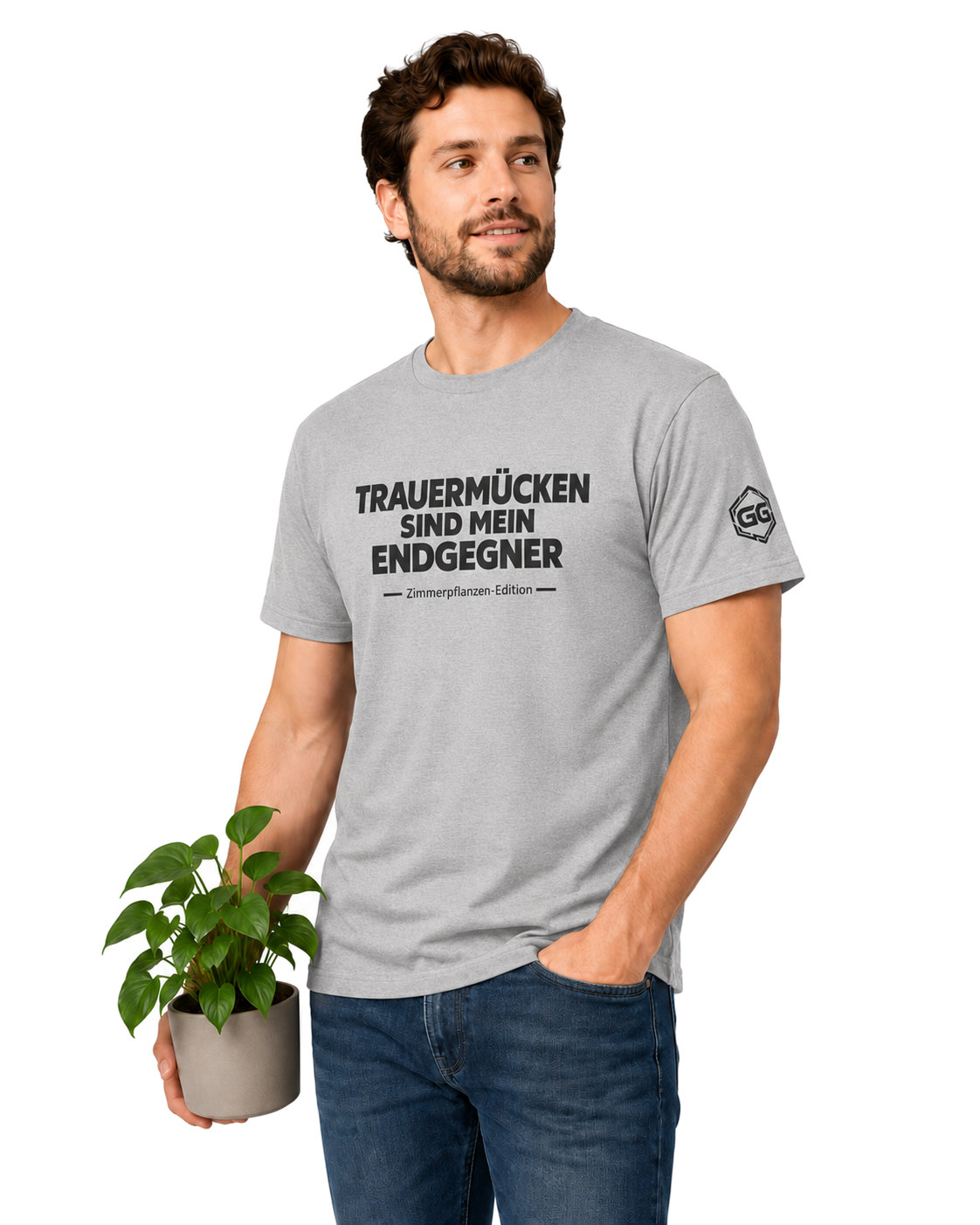 model:2:m | Fungus Gnats Are My Final Boss T-Shirt — Houseplant Edition – Model photo in Sport Grey – Man