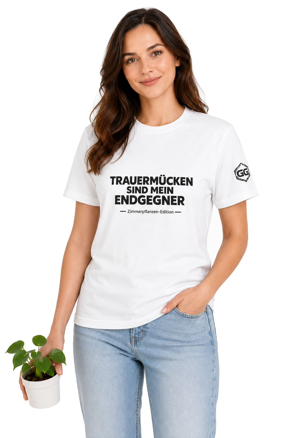 model:0:f | Fungus Gnats Are My Final Boss T-Shirt — Houseplant Edition – Model photo in White – Woman