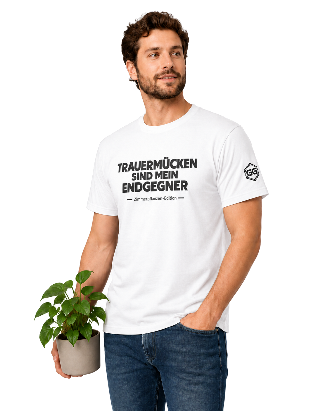 model:0:m | Fungus Gnats Are My Final Boss T-Shirt — Houseplant Edition – Model photo in White – Man