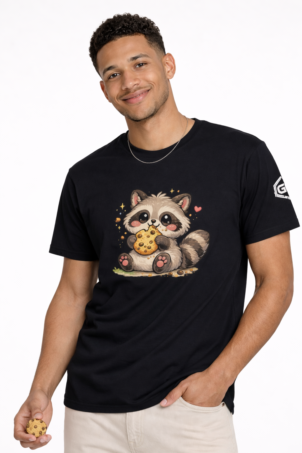 model:1:m | Raccoon & Cookie T-Shirt – Modelfoto in Schwarz – Mann