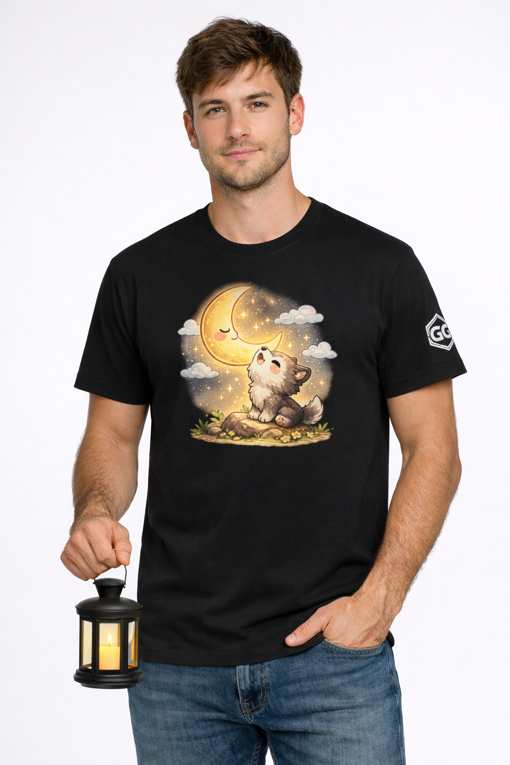 model:1:m | Wolf & Moon T-Shirt – Modelfoto in Schwarz – Mann