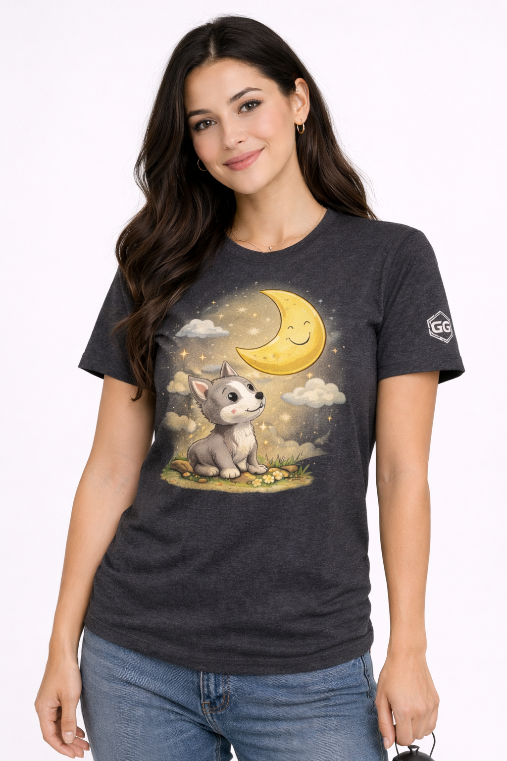 model:6:f | Wolf & Moon T-Shirt – Modelfoto in Dunkelmeliert – Frau