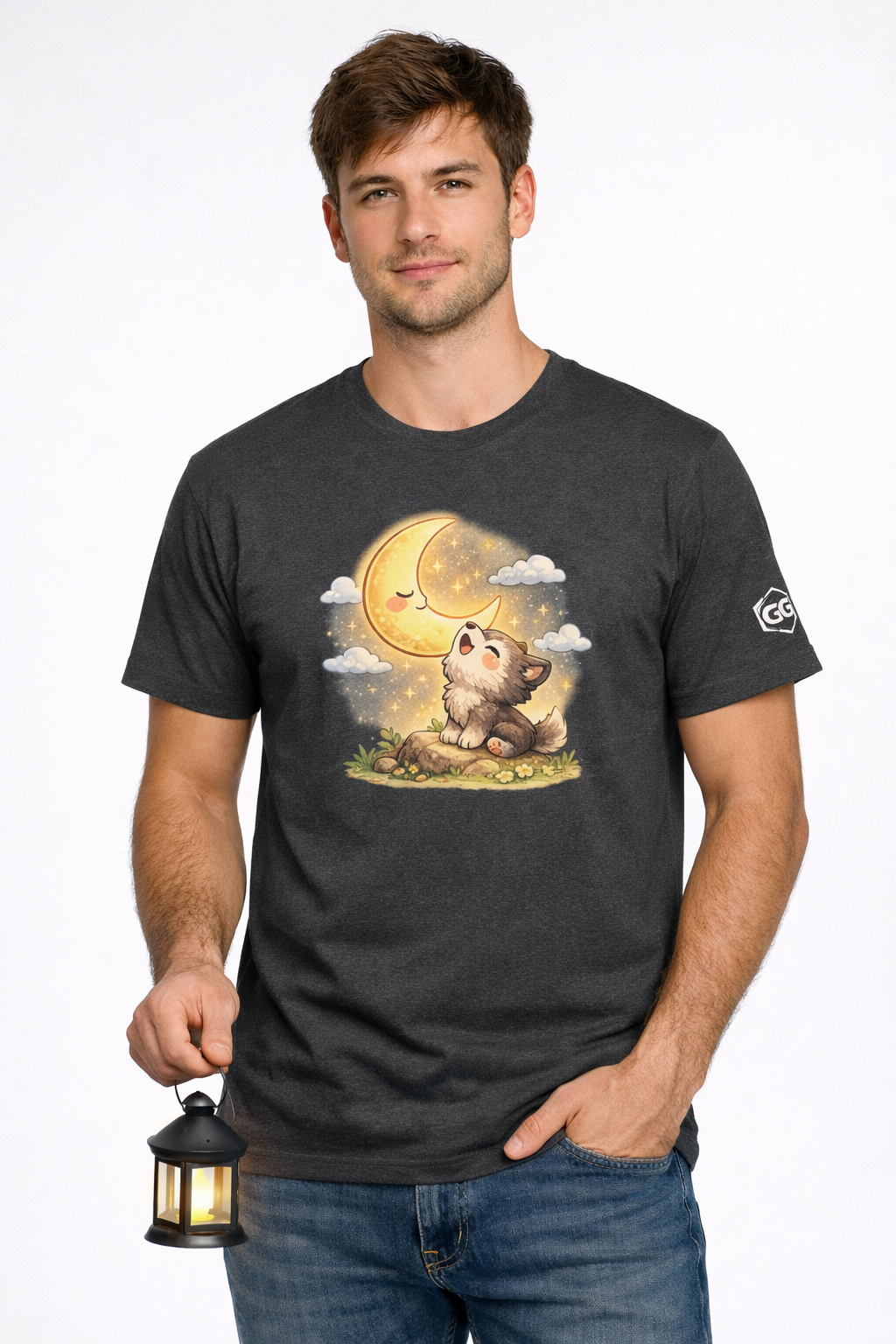 model:6:m | Wolf & Moon T-Shirt – Modelfoto in Dunkelmeliert – Mann