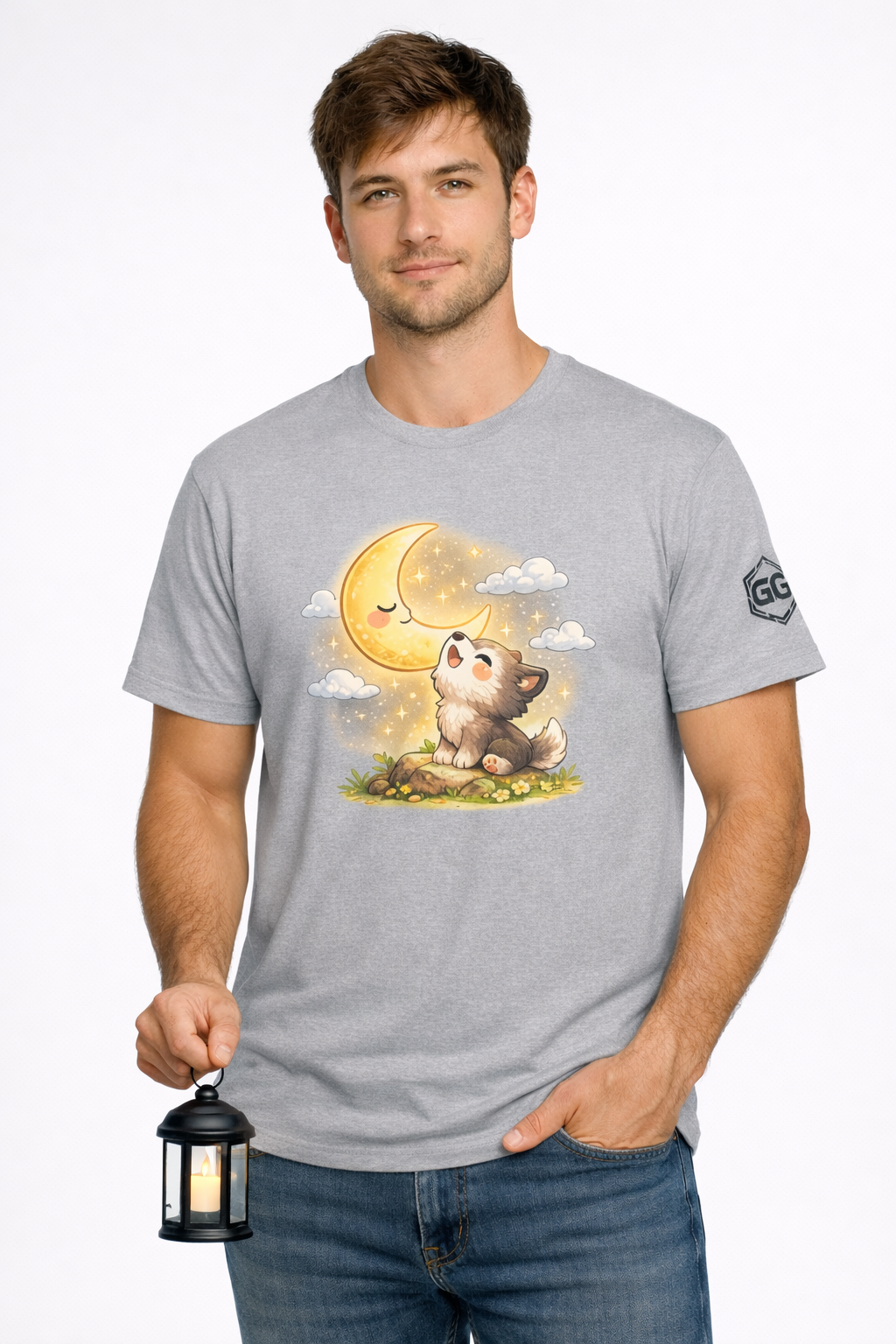 model:2:m | Wolf & Moon T-Shirt – Modelfoto in Sportgrau – Mann