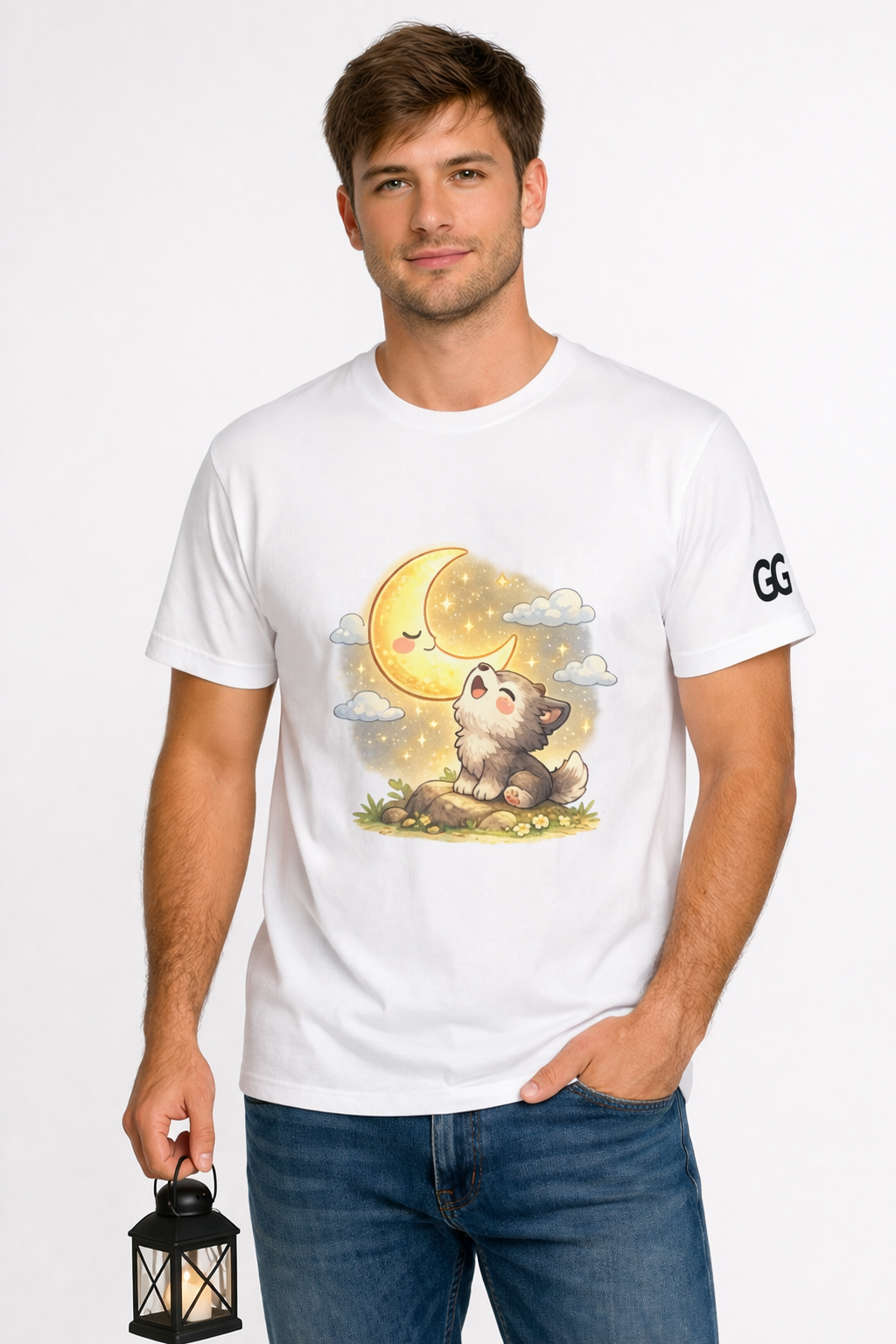 model:0:m | Wolf & Moon T-Shirt – Modelfoto in Weiß – Mann