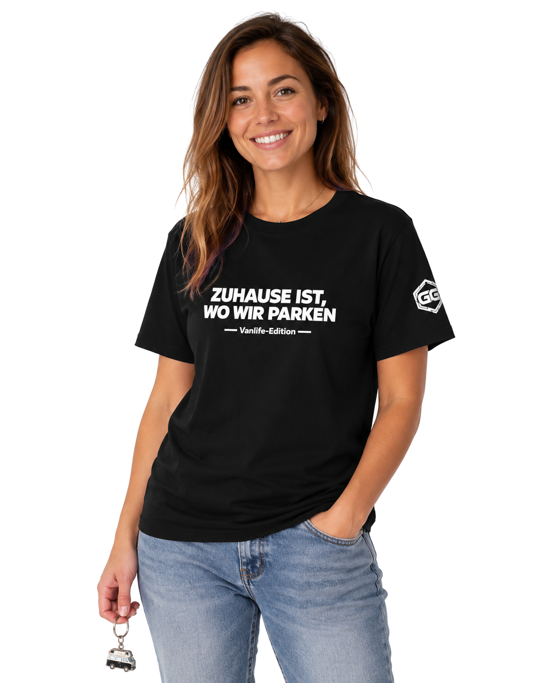 model:1:f | Home Is Where We Park T-Shirt — Vanlife Edition – Model photo in Black – Woman
