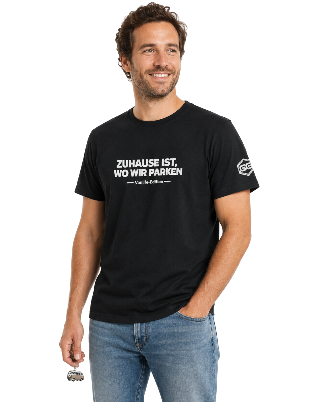 model:1:m | Home Is Where We Park T-Shirt — Vanlife Edition – Model photo in Black – Man
