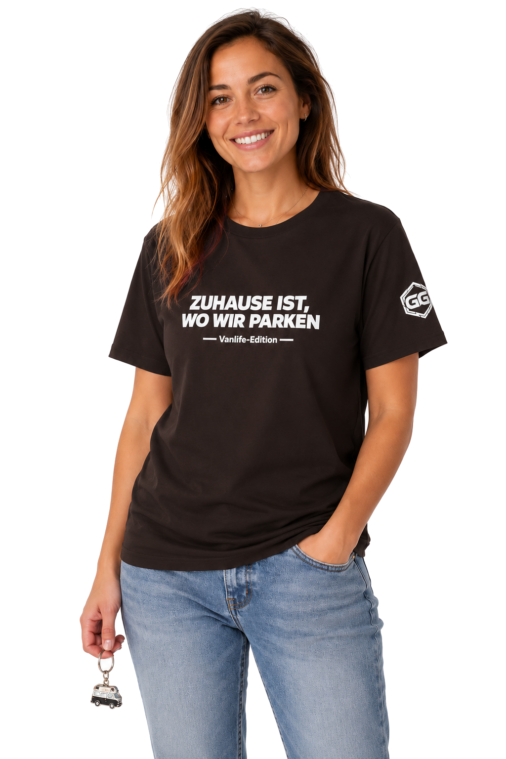 model:3:f | Home Is Where We Park T-Shirt — Vanlife Edition – Model photo in Dark Chocolate – Woman