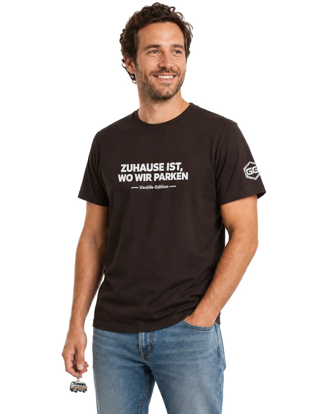 model:3:m | Home Is Where We Park T-Shirt — Vanlife Edition – Model photo in Dark Chocolate – Man