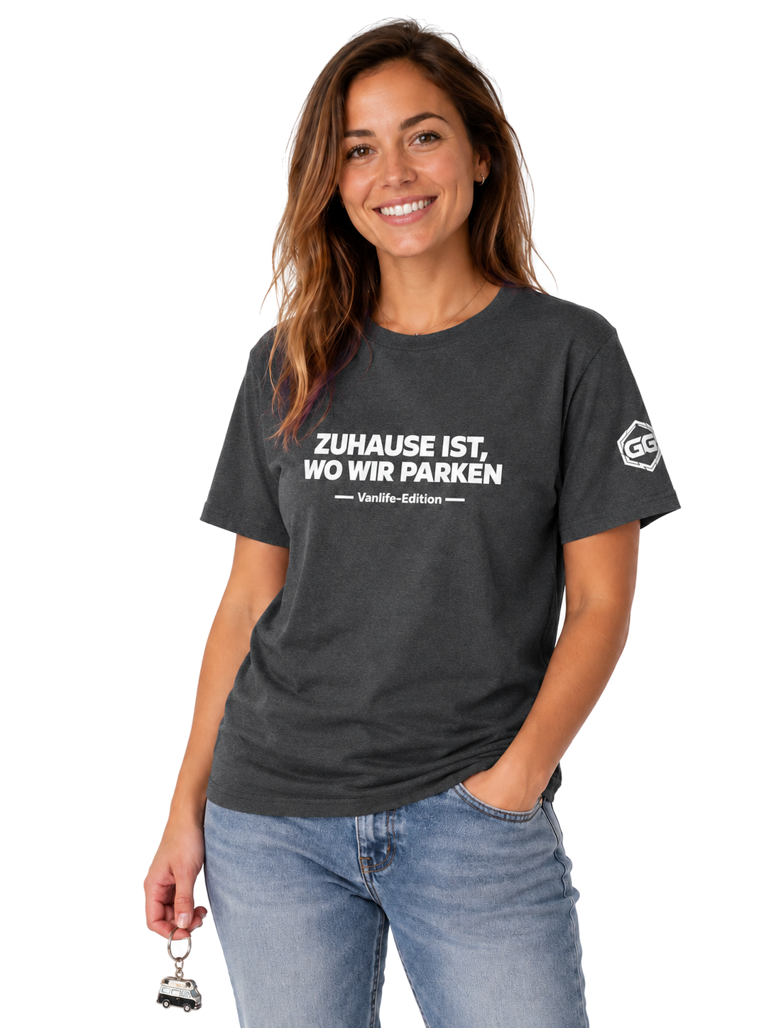 model:6:f | Home Is Where We Park T-Shirt — Vanlife Edition – Model photo in Dark Heather – Woman