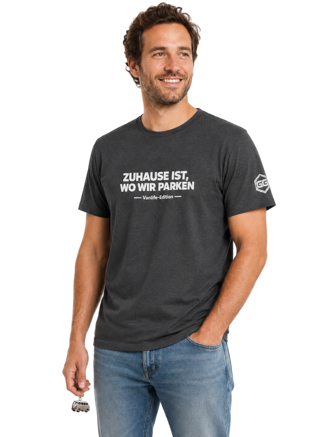 model:6:m | Home Is Where We Park T-Shirt — Vanlife Edition – Model photo in Dark Heather – Man