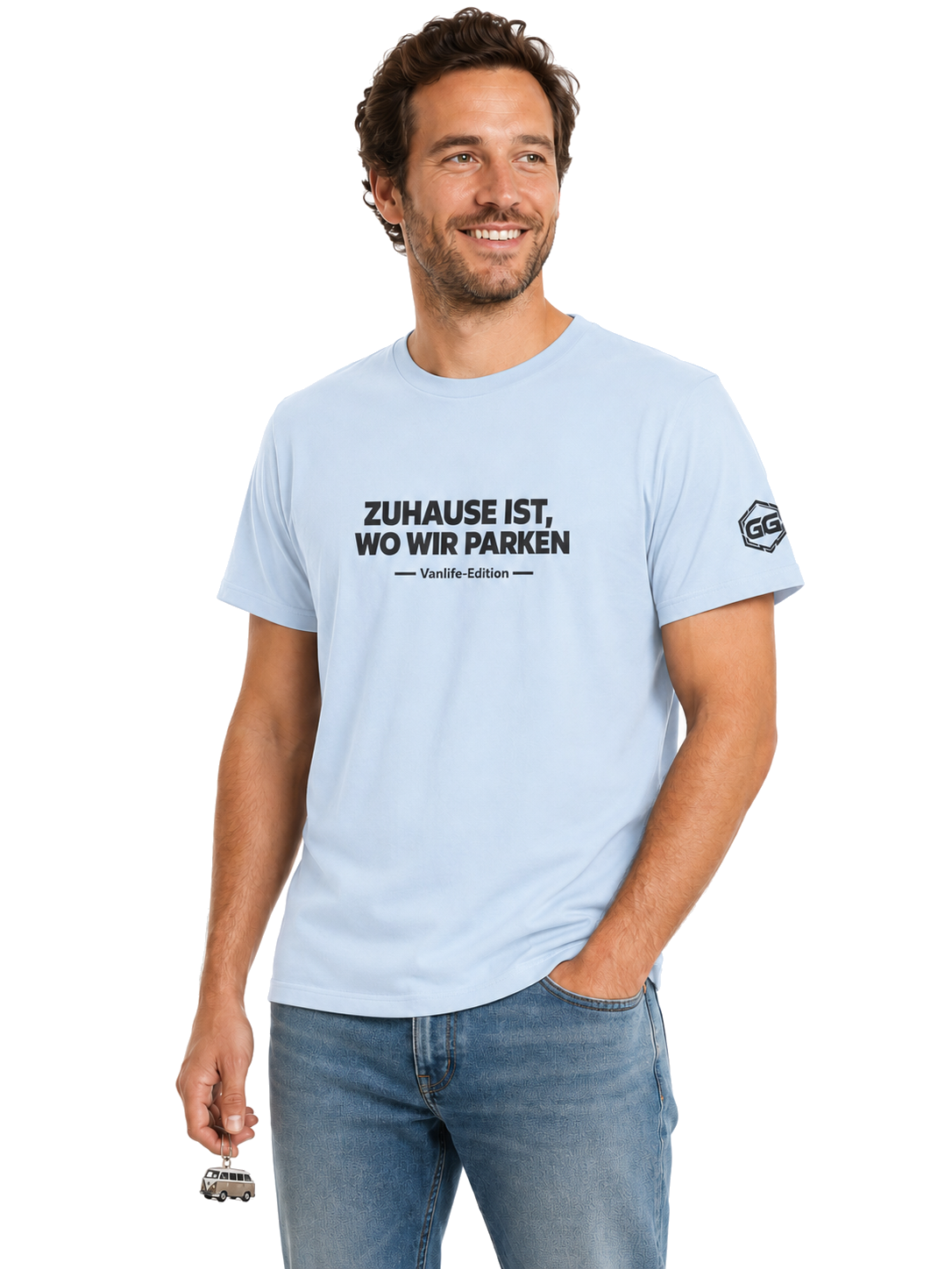 model:7:m | Home Is Where We Park T-Shirt — Vanlife Edition – Model photo in Light Blue – Man