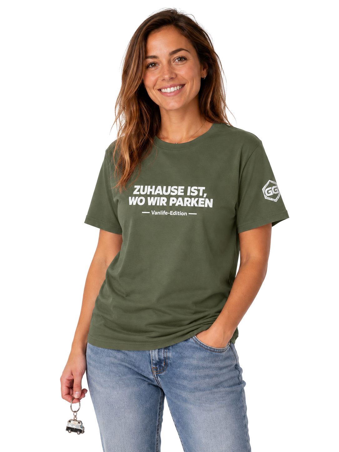 model:5:f | Home Is Where We Park T-Shirt — Vanlife Edition – Model photo in Military Green – Woman