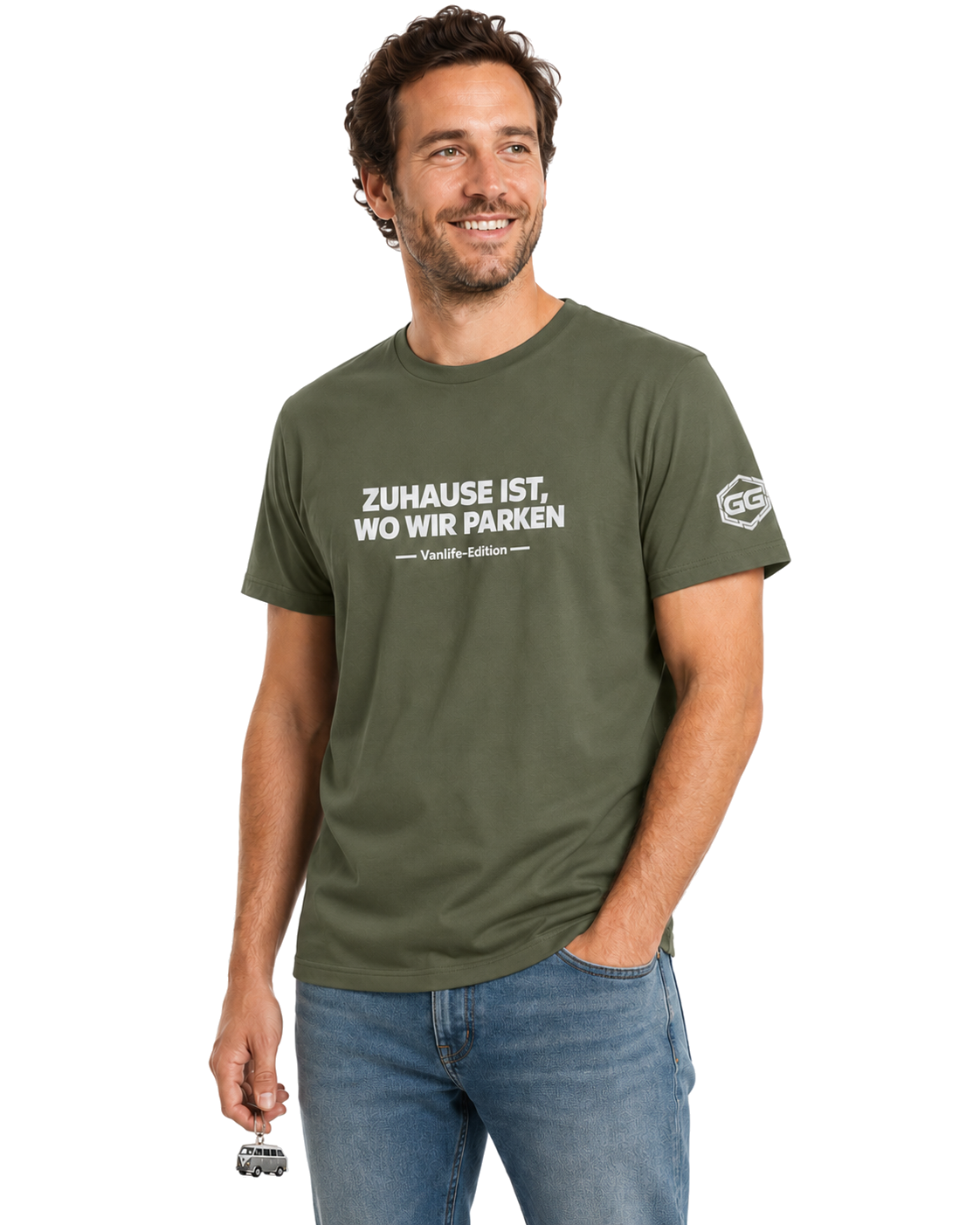 model:5:m | Home Is Where We Park T-Shirt — Vanlife Edition – Model photo in Military Green – Man