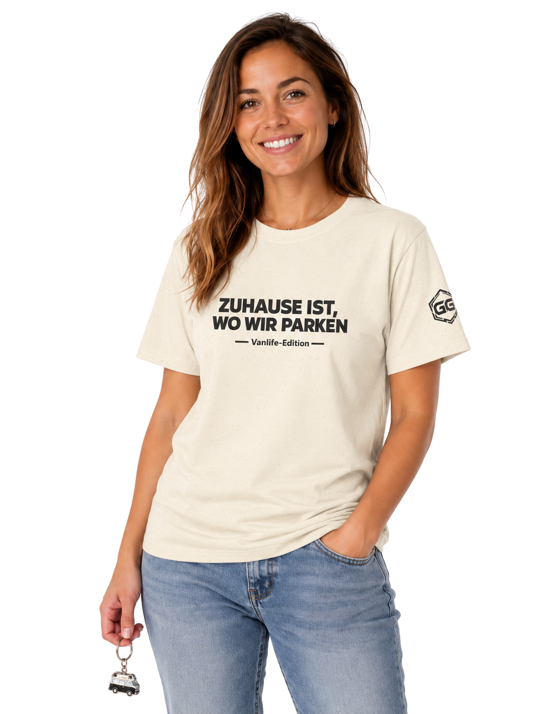 model:4:f | Home Is Where We Park T-Shirt — Vanlife Edition – Model photo in Natural – Woman