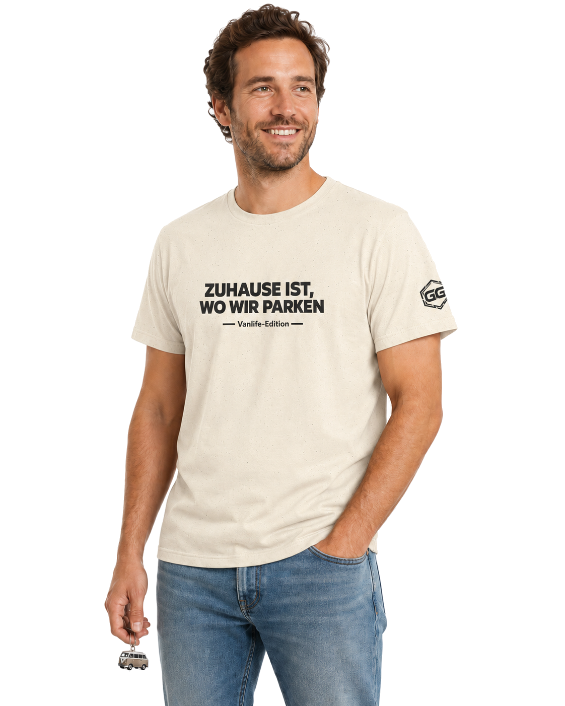 model:4:m | Home Is Where We Park T-Shirt — Vanlife Edition – Model photo in Natural – Man