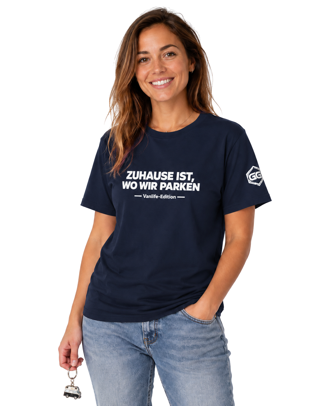 model:9:f | Home Is Where We Park T-Shirt — Vanlife Edition – Model photo in Navy – Woman