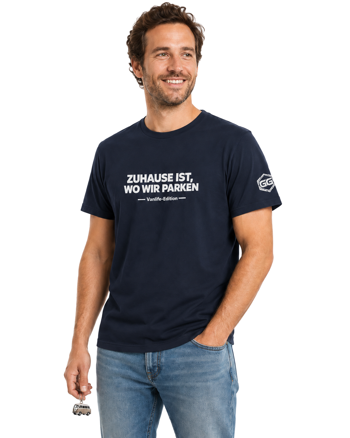 model:9:m | Home Is Where We Park T-Shirt — Vanlife Edition – Model photo in Navy – Man