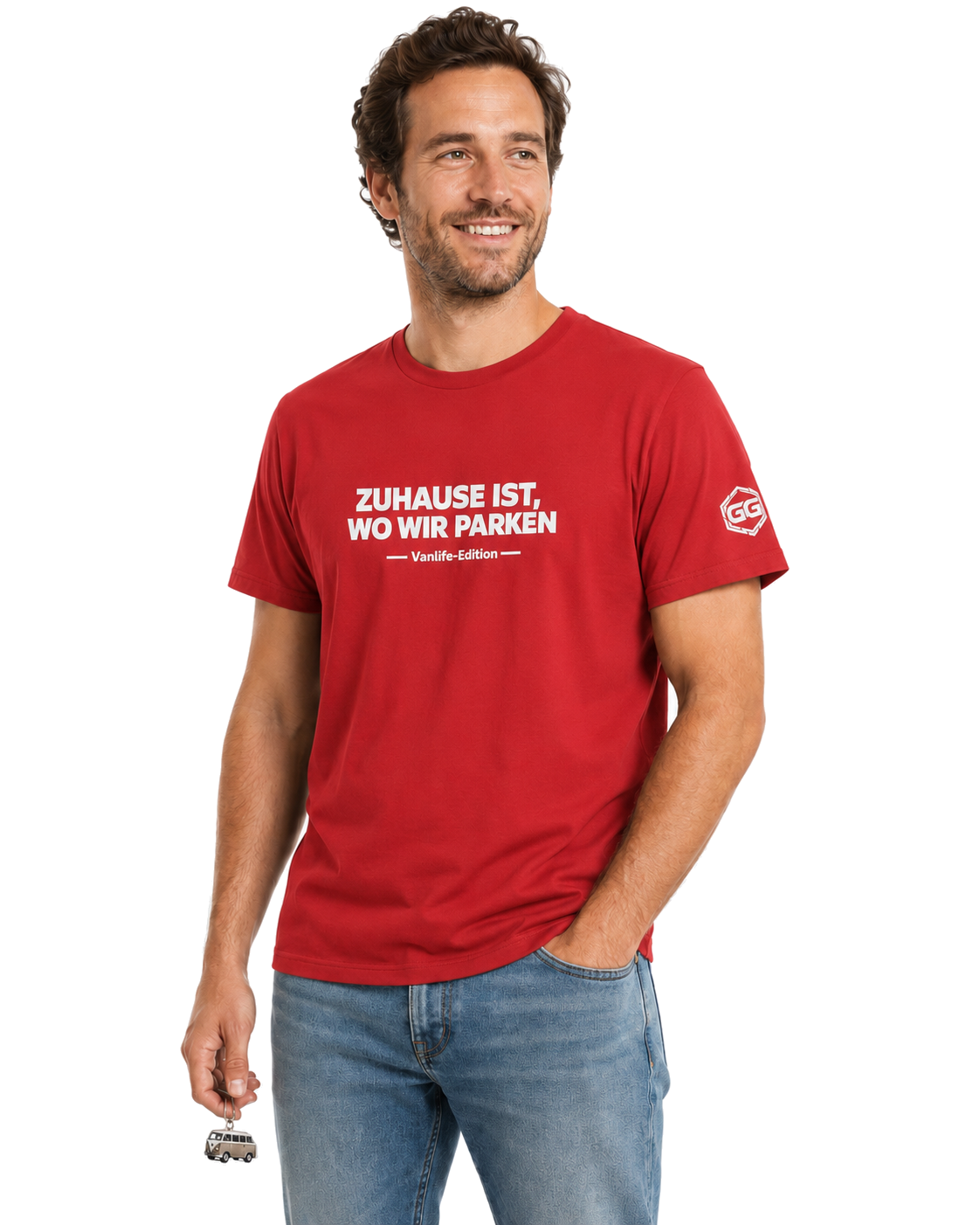 model:10:m | Home Is Where We Park T-Shirt — Vanlife Edition – Model photo in Red – Man