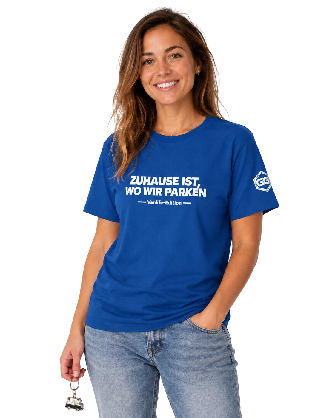 model:8:f | Home Is Where We Park T-Shirt — Vanlife Edition – Model photo in Royal – Woman