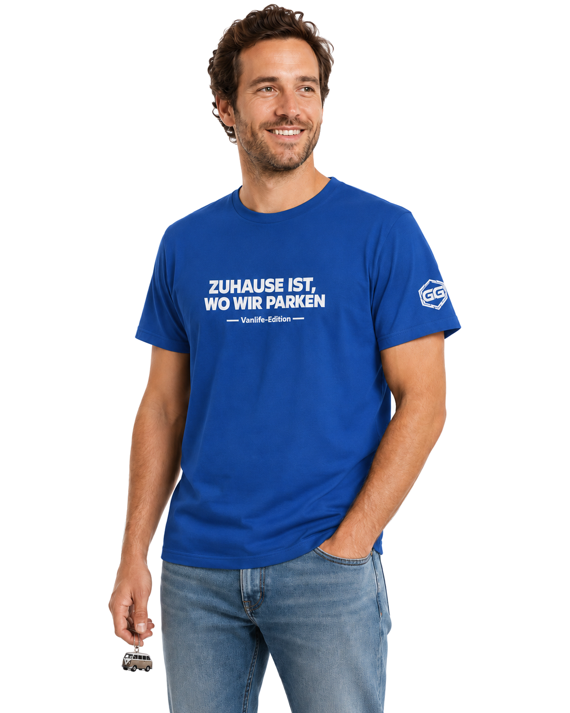 model:8:m | Home Is Where We Park T-Shirt — Vanlife Edition – Model photo in Royal – Man