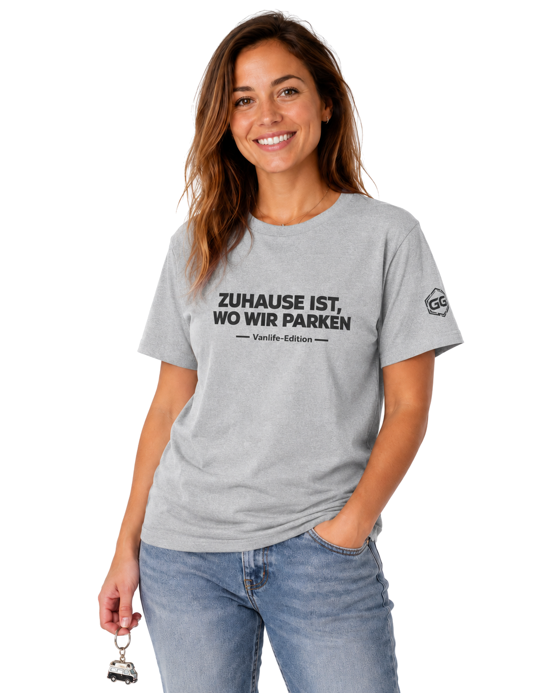 model:2:f | Home Is Where We Park T-Shirt — Vanlife Edition – Model photo in Sport Grey – Woman