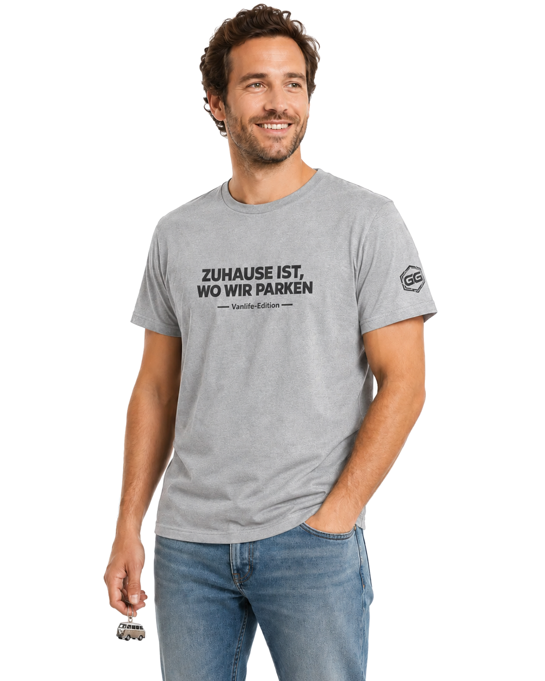 model:2:m | Home Is Where We Park T-Shirt — Vanlife Edition – Model photo in Sport Grey – Man